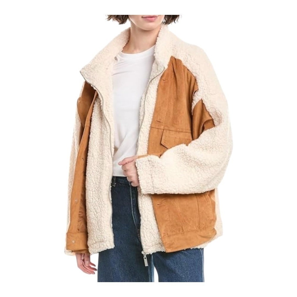 BLANKNYC Faux Suede Sherpa Jacket Womens Large Brown Cream‎ Mixed Media Zip NWT - Picture 14 of 16